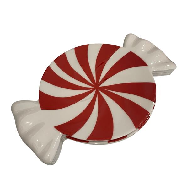 Peppermint Candy Shaped Christmas Melamine Appetizer Plate Set 4 Red White New - Picture 6 of 13